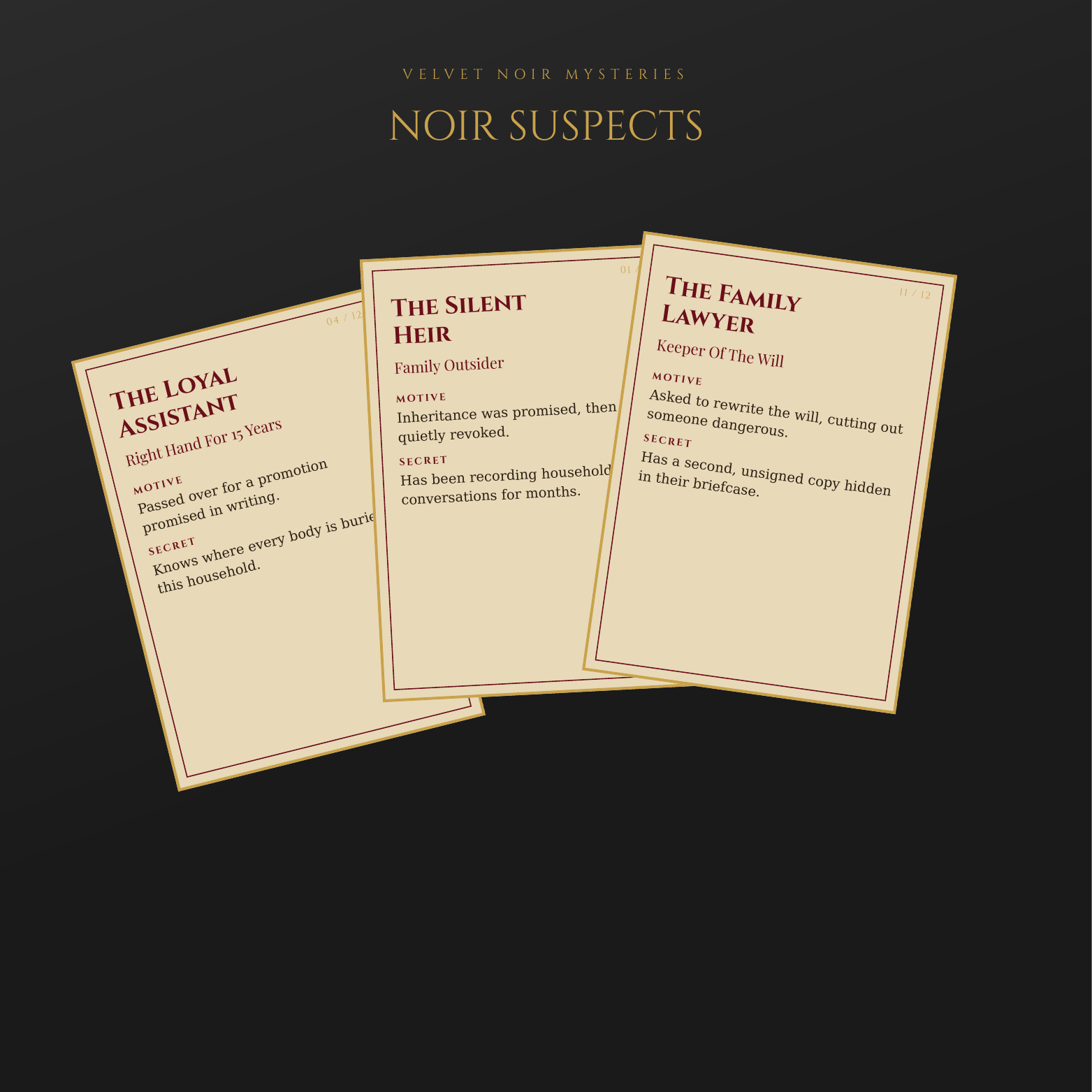 Noir Suspects — 12-Character Card Deck